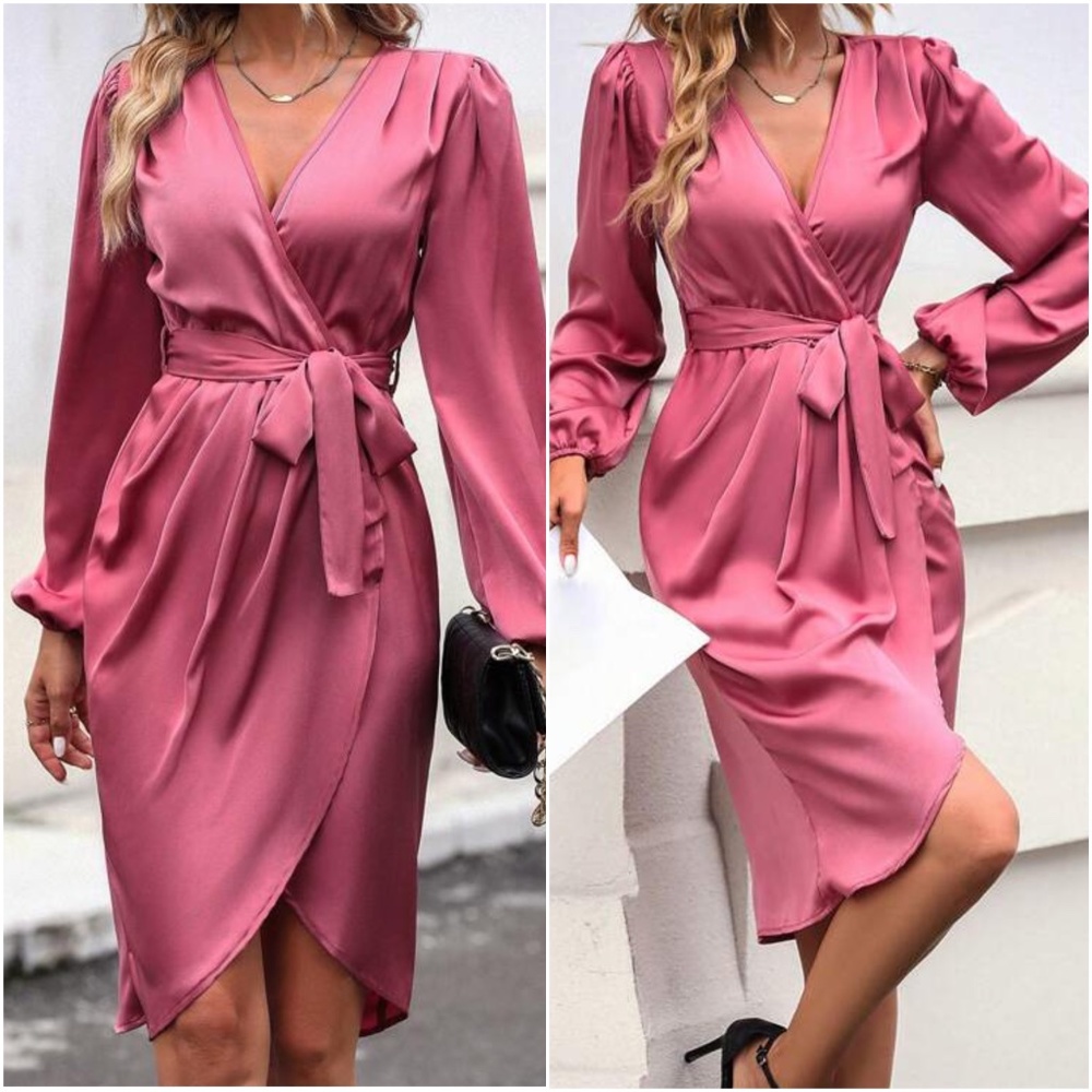 Luxe Satin Surplice Neck Belted Party Holiday Dress